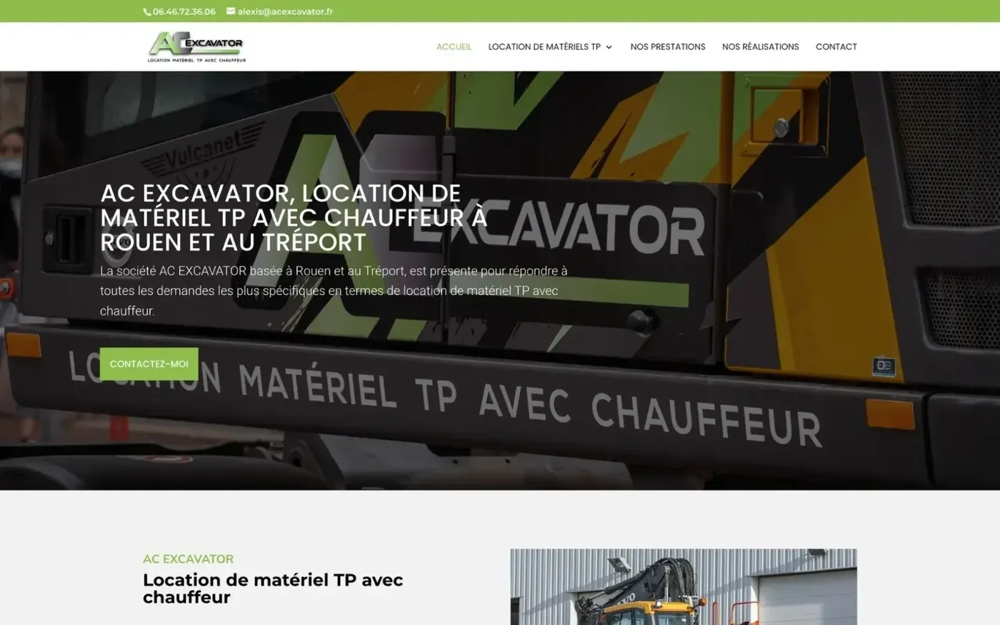 Page d'accueil du site AC Excavator, location de matériel TP avec chauffeur