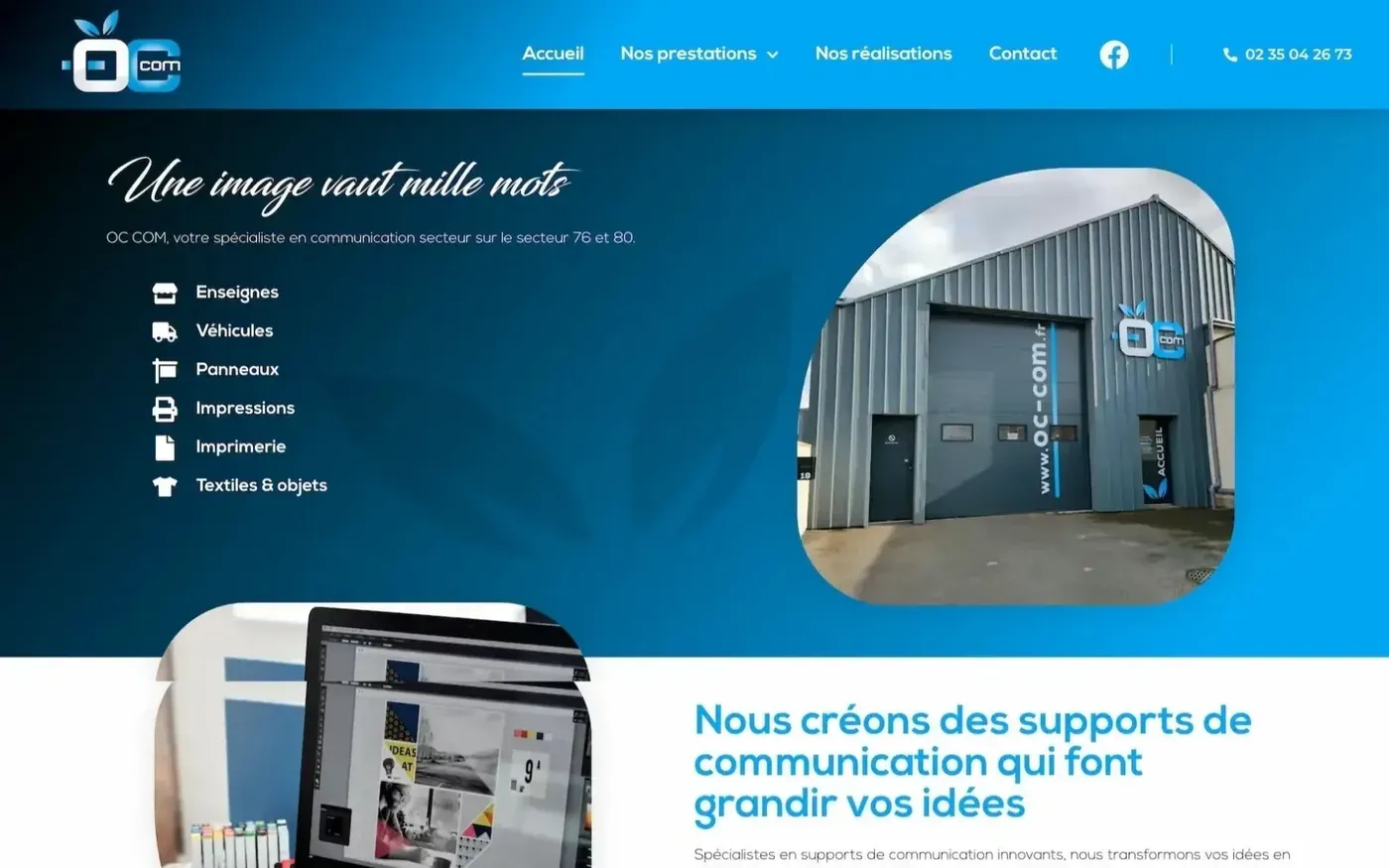 Page d'accueil du site OC Com, spécialiste de la signalétique