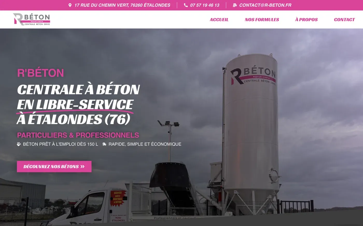 Page d'accueil du site R'Béton, centrale à béton en libre-service à Étalondes