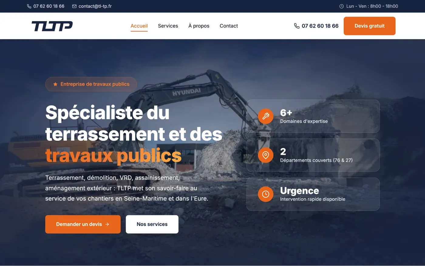 Page d'accueil du site TLTP, terrassement et travaux publics en Normandie
